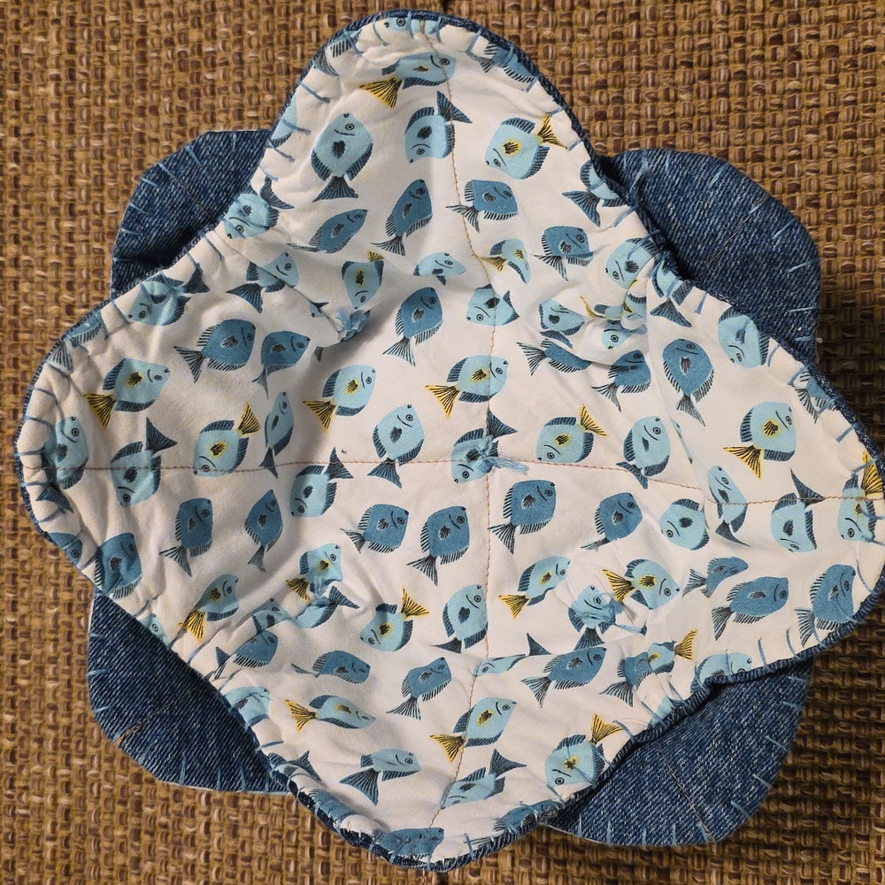 Blue Swimming Fish 2 Cozies Upcycled Blue Denim Jeans Hand Crafted XL - Picture 8 of 10